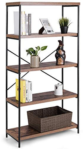 COSTWAY 5-Tier Bookshelf, Wooden Storage Bookcase Ladder Shelving Unit with X-Shaped Bar, Freestanding Metal Frame Display Rack Plant Stand (Brown, 79 x 35 x 159cm)