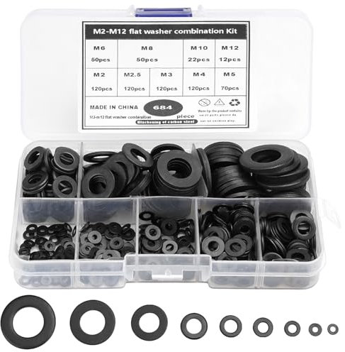 684 Pièces Rondelles Plates Noir, 9 Tailles de Rondelles M2 M2.5 M3 M4 M5 M6 M8 M10 M12, Acier au Carbone Plat Rondelles avec 1 Boîte Plastique, pour Fixations Mécaniques Industrielles