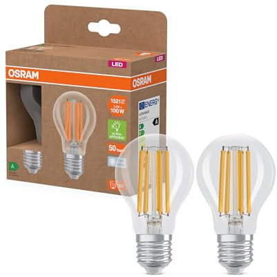 Osram Energy Class LED-Lampe in klassischer Kolbenform, 7.2 W / 1521 lm, EEK A, kaltweißes Licht (4000 K), CRI 80, aus klarfarbenem bleifreiem Glas, E27 Sockel, IP20, 60 mm Durchmesser.