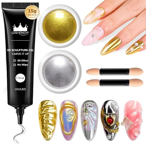 BISEHNGYF 2 Colores Cajas Polvo de Uñas de Cromo,Multifuncional Rhinestone 3D Gel Nail Art,Color oro/plata Polvo Uñas Súper Adhesivo Para Gemas Nail Art Gel Manicura Pintura de uñas DIY