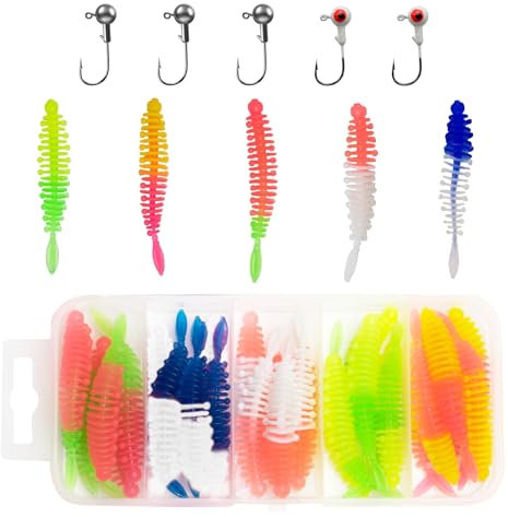 Yuqilin 35 Stücke Forellenköder Gummiköder Forelle Angelzubehör Forelle Angelköder Set 1g Angelzubehör Forellen Köder mit Aufbewahrungsbox mit Jigköpfe für Hecht Zander Barsch Angelbegeisterte