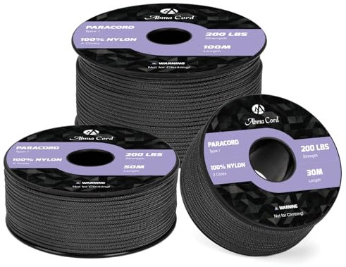 Abma Cord Paracord 2mm 30m Nylonschnur 3 Kern Seil Typ I Schnur für Basteln, Camping, Outdoor - Max. 90kg (200lbs) - Schwarz