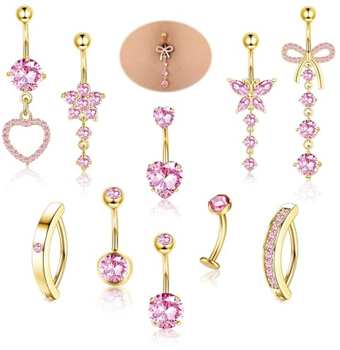 Diamday 10pcs Piercing Nombril Acier Chirurgical Piercing Nombril Anneau 14G Coeur Papillon Fleur Pendentif Ventre Piercings Barre Nombrils Percings Or Argenté