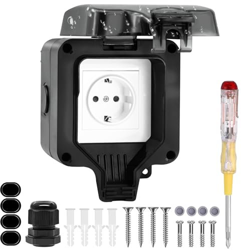 Prise Exterieure Etanche IP66 Prise Electrique Murale de Courant et Volet de Protection Prise Etanche Exterieur de Jardin, Prise Murale Anti-Poussière Verrouillable pour Garage Piscine Gardin Noir