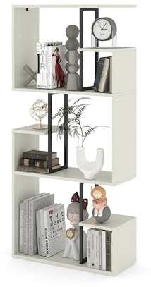 Bücherregal Weiß,Großes Bücherregal Holz mit Metallteilen, Raumteiler Regal für Wohnzimmer Kinderzimmer Home-Office,Stabiler Shelf mit Anti-Kippvorrichtung zum Aufbewahren von Büchern Dekoration,Weiß