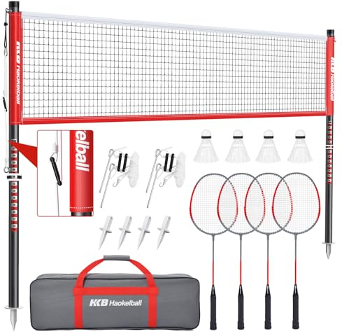 Haokelball Outdoor Badminton Net Set with Anti-Sag Winch System - 20ft Badminton Net, 4 Rackets, 3 Shuttlecocks & Carry Bag, Badminton Set for Backyard, Grass, Beach, Family Games