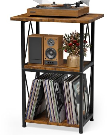 Verbesserte Version Plattenspieler Regal mit Breiterer 50×40cm Tischplatte, 3 Etagen Schallplatten Regal, Schallplatten Aufbewahrung für 100 Schallplatten, Beistelltisch für Wohnzimmer Schlafzimmer