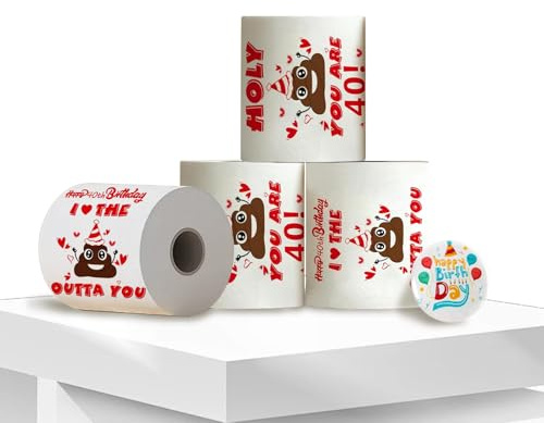 4PCS 40th Birthday Happy Prank Toilet Paper, Funny Toilet Tissues Toilet Rolls, Novelty Gag Gift 40th Birthday Decoration for Women Men, 3 Layers, with Birthday Badge 58mm