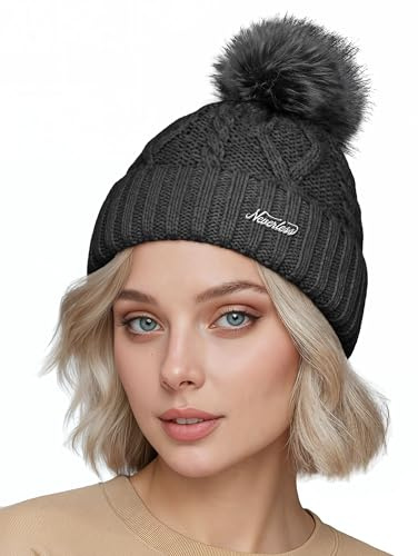 Neverless® Damen Bommelmütze mit Fleecefutter Pudelmütze Strickbeanie Strickmütze Wintermütze Dunkelgrau Unisize