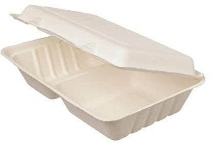 DeinPack Bio Einweg Bagasse Schalen Zuckerrohr Einweggeschirr biologisch abbaubar I Lunch-Box 2-geteilt Klappdeckel-Box Schale Kompostierbar 650 ml I 50 Menüschalen rechteckig 16x24 cm weiß