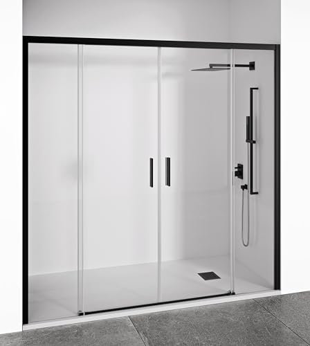 Mampara de ducha frontal 2 hojas correderas + 2 fijos sin perfilería inferior - Transparente - Cristal templado 6 mm Antical - Perfilería Negro Mate - Ancho adaptable 180-185 cm - Alto 195 cm - EIRE