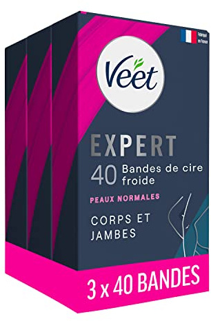 Veet EXPERT - Lot de 120 Bandes de Cire Froide Corps & Jambes - Peaux Normales - Finition Parfaite - Epilation Longue Durée - Lot de 3x40 bandes
