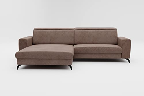 CAVADORE Ecksofa Bounce in Vintage-Leder-Optik / Eckcouch mit Longchair, Metallfüßen + Kopfteilverstellung / 290 x 88-108 x 178 / Mikrofaser, Graubraun