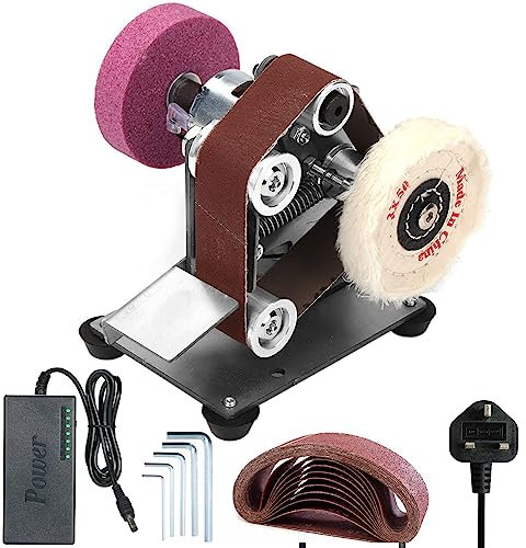 Electric Mini Belt Sander, Electric Belt Sanding Machine Mini Bench Grinder 7 Adjustable Speed Multifunctional Polishing Grinder 1pc Grinding Wheel, 1pc Polishing Wheel (UK 3 Pin Plug Upgrade)
