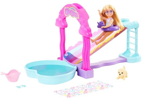 Barbie Coffret Toboggan Aquatique Arc-en-Ciel avec Poupée Chelsea Et Son Chiot, Hauteur 20 Cm, Accessoires Inclus, Jouet Enfant, A Partir De 3 Ans, HTK39