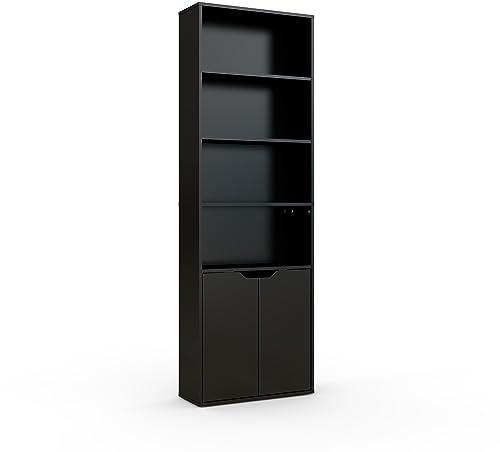 Panana 6 Tier Bookcase with 2 Doors, Wooden Cube Shelves Soild Wood Tall Bookshelf Storage Cupboard Organizer Display Free Standing Unit (Black)