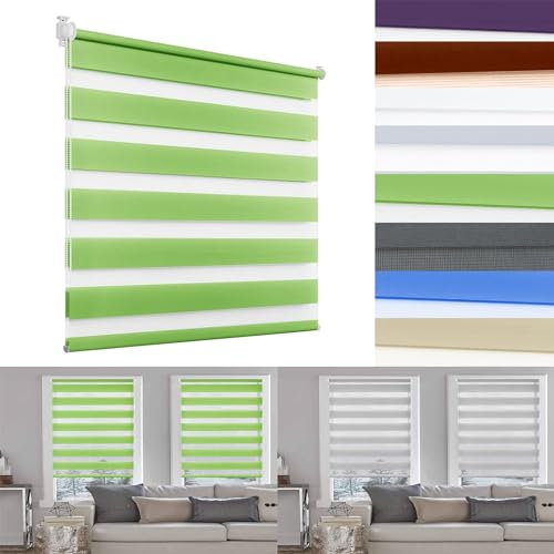 Doppelrollo Klemmfix ohne Bohren 65 x 150 cm Sonnen-, Sicht- & Schallschutz Sonnenschutzrollo Zebrarollo Seitenzugrollo Bequeme Montage für Fenster & Balkontür, Grün