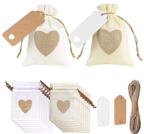 MytaYt 30 Stück Geschenksäckchen mit Kordelzug Jutebeutel 30 Stück Jutesäckchen und 1 Rolle Seil 10 Meter Geschenksäckchen Säckchen Klein Schmuckbeutel (Reinweiß, Gebrochenes Weiß)