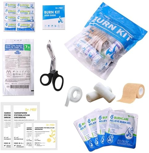 Dr.Med Burn Kit, 4pcs Burn Dressings 4x4”, 8pcs Burn Gel 3.5g, 4pcs Non-Adherent Xeroform Petrolatum Gauze, Burn First Aid Cooling Soothing Cream with Bandage, Latex Surgical Gloves, Scissors, Tape