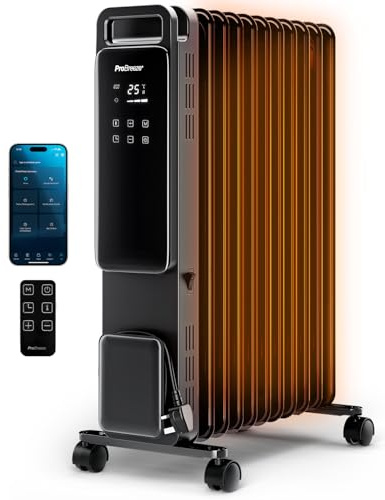 Pro Breeze OmniWarm Radiador de Aceite 2500W, Portátil con Wi-Fi, 11 Aletas, Pantalla Digital Táctil, Modo Eco, 3 Modos, Termostato Ajustable y Temporizador 24H