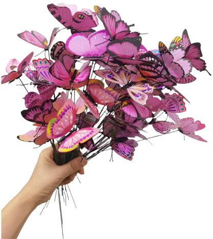 Farfalla 3D da giardino, decorazione da giardino in PVC, 25,4 cm, decorazione da giardino per esterni, con testa agitante, per bouquet da parete, prato, vialetto, vaso, aiuola, cortile (50, rosa)