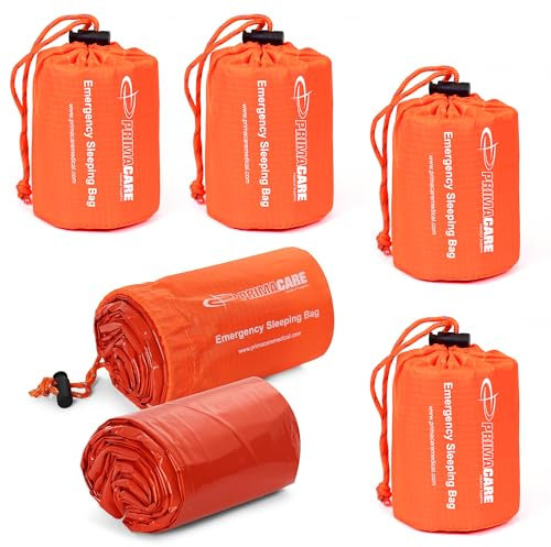 Primacare CB-3684-5 Pack of 5 Emergency Sleeping Bags for Survival, Mylar Blanket/Tent Used for Emergency, Camping, Hiking, Hunting, Outdoors, Perfect for Medical First Aid Supply Kits, Adult, Orange