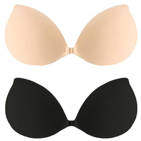 Vtelor Stick on Bra Backless Invisible Sticky Bra Push up Strapless Women's Adhesive Bras Ladies Invisible Strapless Bras Large Breasts Push up Sticky Boob Covers (UK, Cup & Band, C, Beige+Black)