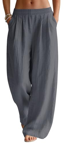LOMON Wide Leg Pants Woman Linen Palazzo Summer Flowy Pants Beach Vacation Clothes Casual Boho Lightweight Trousers with Pockets (Deep Grey, L)