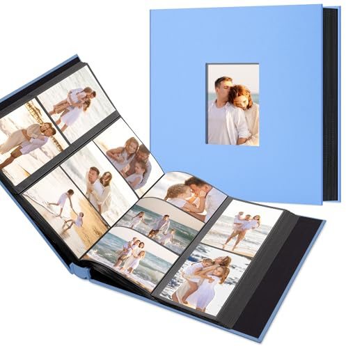 Hiwhy Album photo à fenêtre ouverte avec pages amovibles et couverture en lin - 600 pochettes (Bleu)