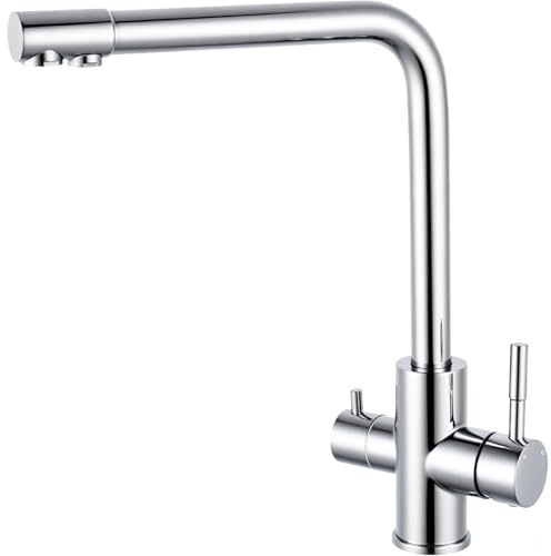 AICA sanitaire Robinet de Cuisine 2 en 1 avec Filtration Intégrée, 2 Poignées et Bec Pivotant 360°, Mitigeur Évier Acier Inoxydable Chromé, Installation Facile