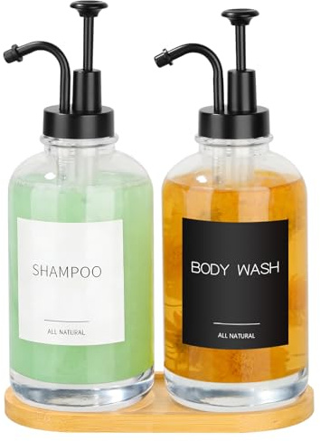 2Pcs Glass Soap Dispenser Bottle, Kitchen Soap Dispenser Set with Stainless Steel Pump, Hand Soap and Lotion Dispenser Set with Bamboo Tray, 500ML Modern Bathroom Accessories for Bathroom, Countertop