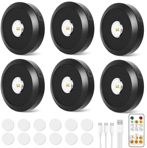 Valyrane Set de 6 Luces LED USB para Vitrinas, Dimmables con 30 Colores, Focos Inalámbricos para Cocina y Armarios, Batería de 1500mAh, Control Remoto, Iluminación Táctil y Función de Temporización
