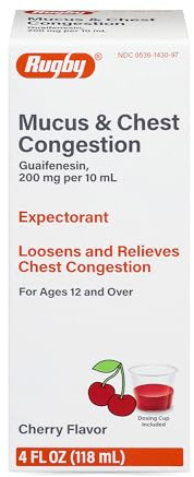 Rugby Mucus & Chest Congestion Cough Syrup, Guaifenesin 200 mg Expectorant, Cherry Flavored - 4 Fl Oz (1 Pack)