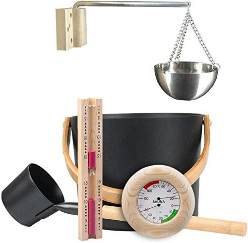 Wooden Sauna Bucket with Ladle Hourglass 7L Sauna Bucket with Strong and Durable Hourglass Thermometer Hygrometer Sauna Aromatherapy Oil Cup Kit with Long Handle Set