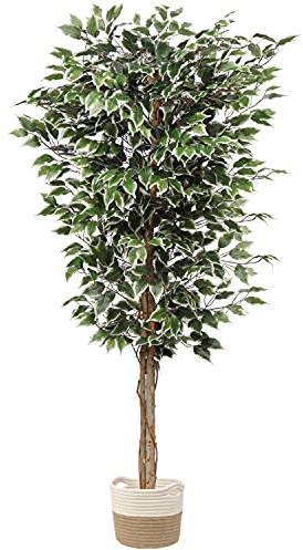 plant Artificial Ficus Tree 6ft in Cotton Pot Fake Silk Plant with Green White Leaves Natural Trunk for Indoor Outdoor Home Garden Decor