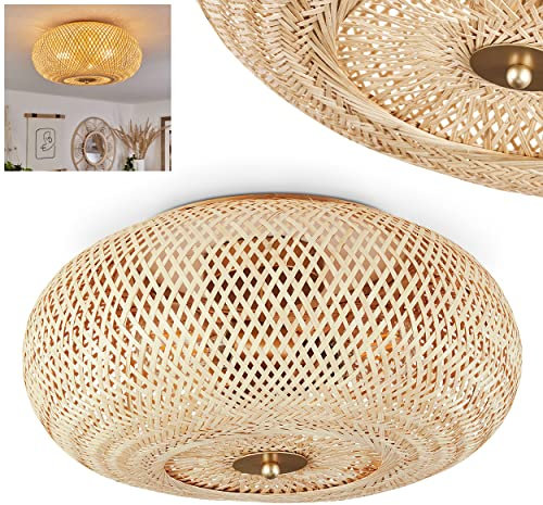 Deckenleuchte Bauro, runde Deckenlampe aus Holz/Metall in Natur/Messingfarben, Leuchte in Gitter-Optik mit tollen Lichteffekten an der Decke, Ø 38 cm, 3-flammig, 3 x E27, ohne Leuchtmittel