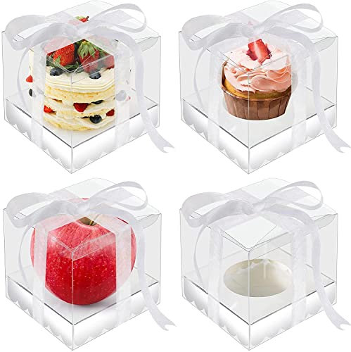 LATERN 20 Stück Klare Tortenschachteln, 9 x 9 x 11,5cm Transparente Geschenkbox mit silbernem Sockel und Band zum Verpacken Kuchen Macaron Süßigkeits Plätzchen - für Hochzeits Babyparty Gastgeschenke