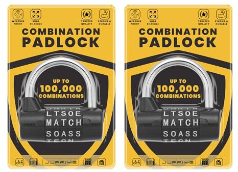 JJ PRIME - 2 Sets 5 Letters Combination Padlock, Weatherproof Heavy Duty for Gym Locker, Gate, Fence, School, Toolbox, Hasp - Black, 7mm