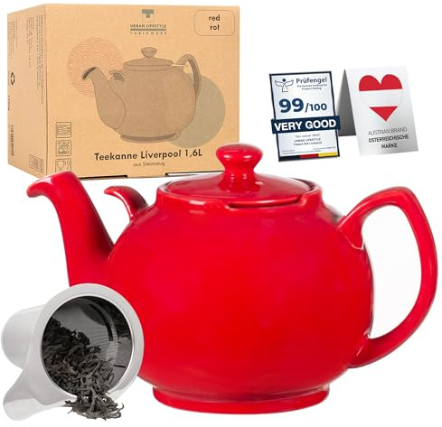 Teiera con infusori Liverpool Rosso 1,6 L Teiera con colino in ceramica in acciaio inossidabile di URBAN LIFESTYLE, teiera antigoccia. Teiera in ceramica con colino Teiera