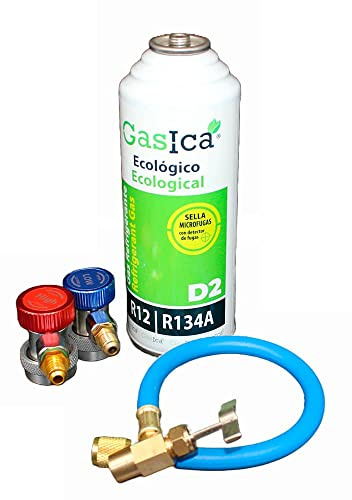 Ralertreik Pack Gas ecológico GASICA D2 sustituto R12 y R134A 226gr más Manguera con Llave y Conectores rápidos