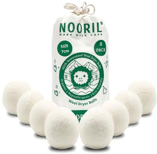 Nooril Tumble Dryer Balls, Pack of 8 XL Organic Wool Dryer Balls for Laundry, Fabric Softening Handmade Reusable Laundry Balls for Tumble Dryer, Reduce Drying Time & Noise