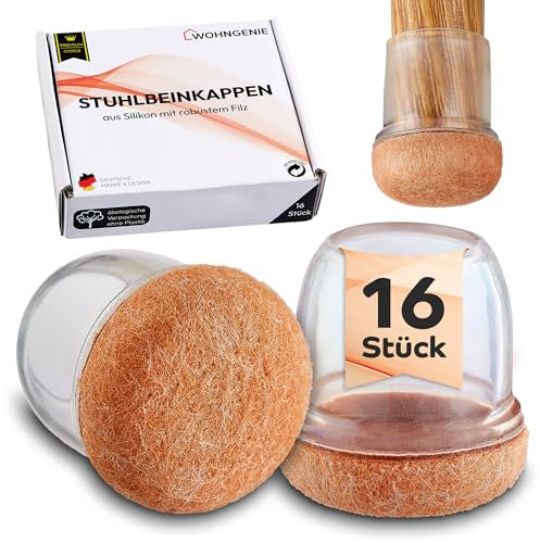 WOHNGENIE® Stuhlbeinkappen in Größen [S/M/L] und Sets [16er/32er] - langlebige Stuhlbeinschoner aus transparentem Silikon und robustem Filz - Schutzkappen für Beine rund, eckig, schräg (16, 19-25mm)
