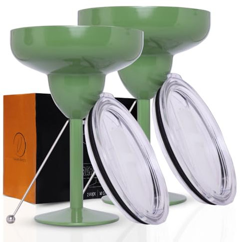 Stainless Steel Insulated Margarita Glasses with Lid, Break-Resistant Vacuum Sealed Margarita Tumbler Ideal for Mother's Day Gift (Hammer Green, Pack of 2)