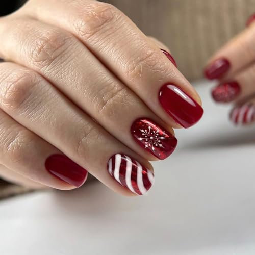 LunarCharm Lot de 24 faux ongles courts rouges avec motif ligné, à presser sur les ongles avec flocon de neige, décoration de Noël, festival, vacances