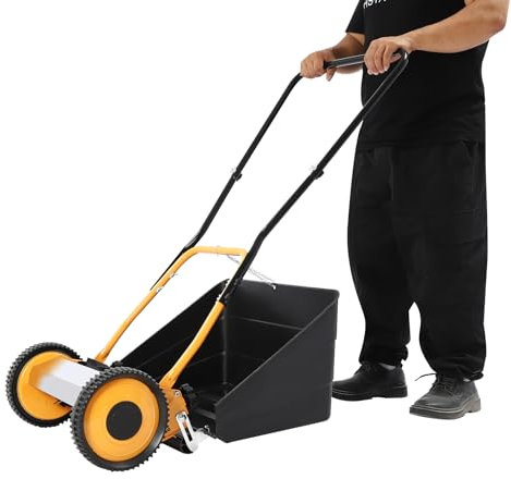 MEHOOSPVN Hand Push Lawnmower, 14 Manual Lawn-Mower With 40cm Cutting Width, 4 Cutting Height Levels, Walk-Behind Lawn Mower 2-in-1 Mowing and Collecting Grass Function For Small Gardens, Orange