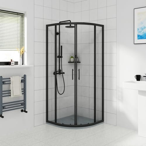 NRG 800 x 800mm Quadrant Shower Enclosure Sliding Door 6mm Easy Clean Glass Black Profile with Anthracite SMC Shower Tray