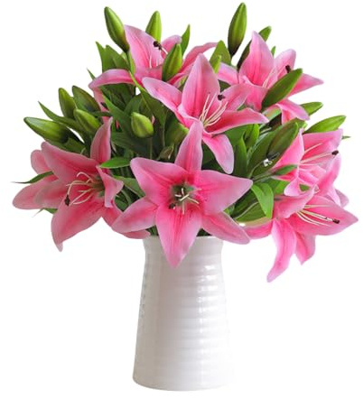 TONGMAN 6 Bundles Artificial Tiger Lily Flowers White Touch Lilies Flower Bouquet Faux Floral Table Centerpieces Arrangement for Wedding Home Party Garden Office Decor (Deep Powder)