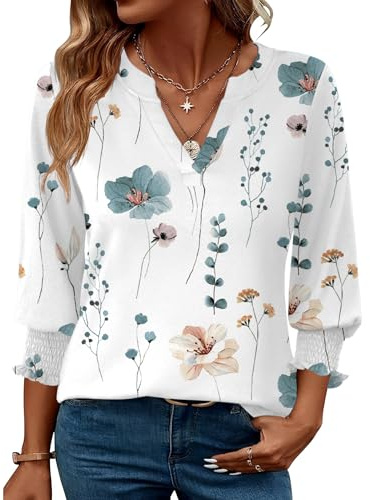 Rapbin Damen Mode Elegant Bluse 3/4 Ärmel Langerm Tunika Sommer Top Lässig Locker Oberteil Blusen 2026 (XXL, Weiß Blau Blumen)