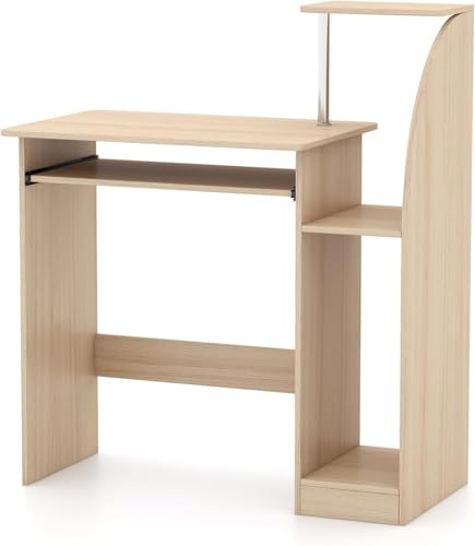 CROWNSHOP Computer Desk with Sliding Keyboard and Storage Modern Small Desk Wooden Desks & Workstations for Home Office Bedroom Natural Color 90 * 80 * 40CM