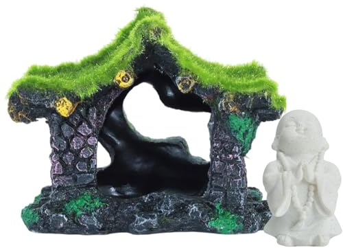 Saim Aquarium Decoration Moss House with Buddha Statue, Resin Hollow Hideout House, Fish Tank Accessories Cave Ornament Tank Small Fish Hideaway with Moss